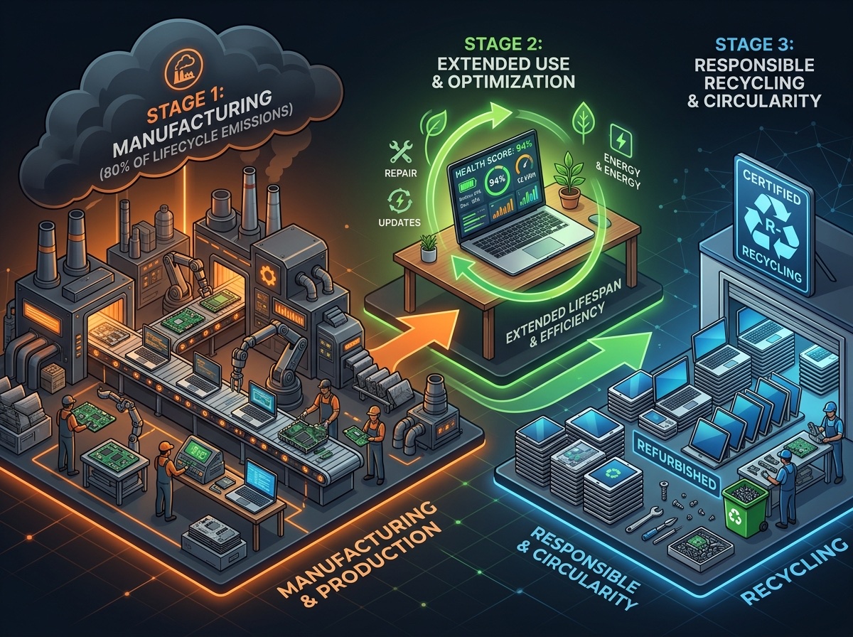 Laptop lifecycle: 80% of emissions from manufacturing, lifespan extension at center, responsible recycling on the right
