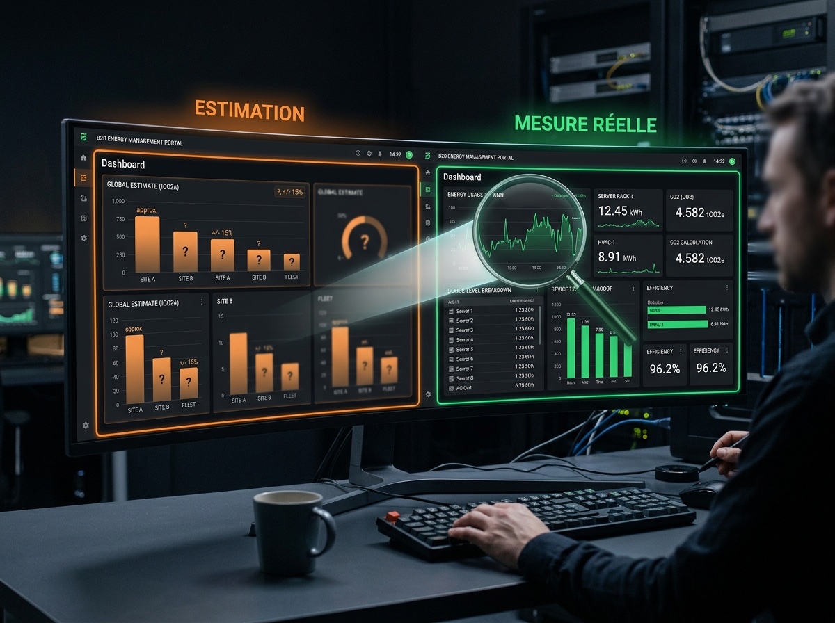 Comparison between average estimation and real per-device kWh measurement — Green IT tracking dashboard