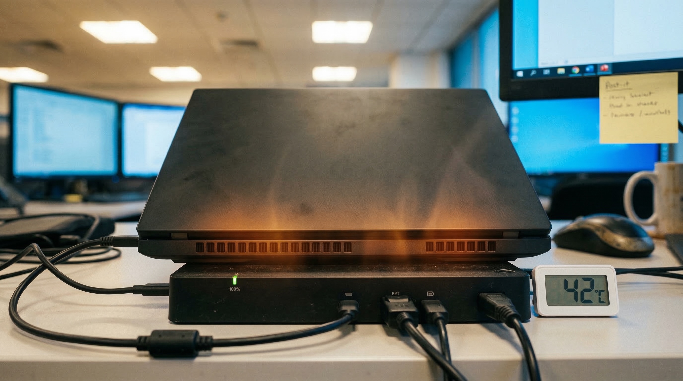 Closed laptop sitting flat on a dock with blocked ventilation, charge LED at 100%, desk thermometer showing 42°C