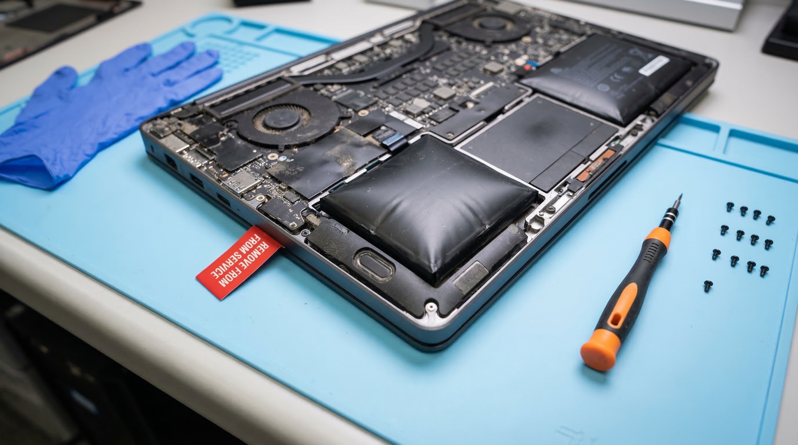 Open laptop on IT repair bench showing visibly swollen battery, blue nitrile gloves and red REMOVE FROM SERVICE tag