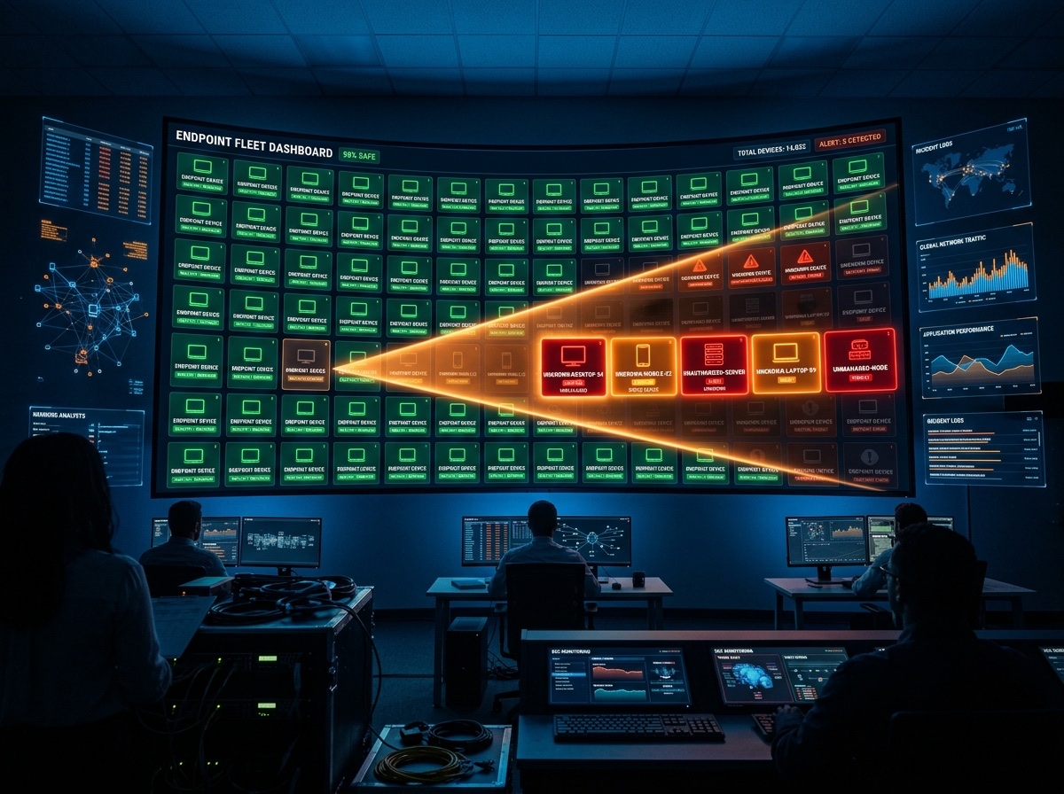 Endpoint fleet dashboard showing managed devices in green and unknown unmanaged devices flagged in orange and red