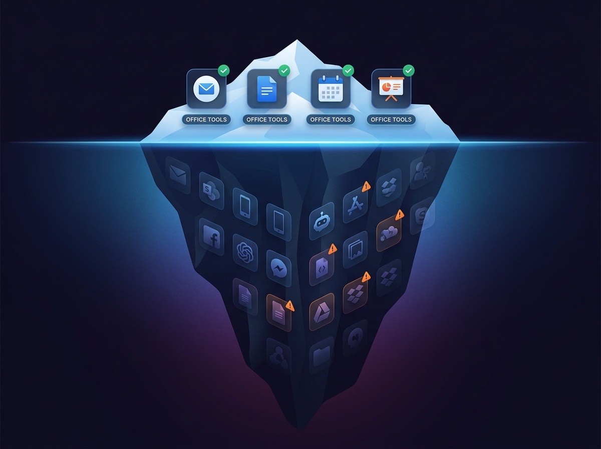 The shadow IT iceberg: approved tools visible above the waterline, shadow SaaS and shadow AI lurking below
